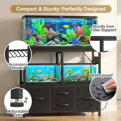 Heybly 30-40 Gallon Fish Tank Stand, Aquarium Stand with Drawer, Power Outlet, Heavy Duty Metal Frame, for Fish Tank, Turtle & Reptile Terrarium, 36.2" L × 18.1" Top, 660lbs (Top)+330lbs(Mid), Black HAS004BK - color: Black, size: 40 gal