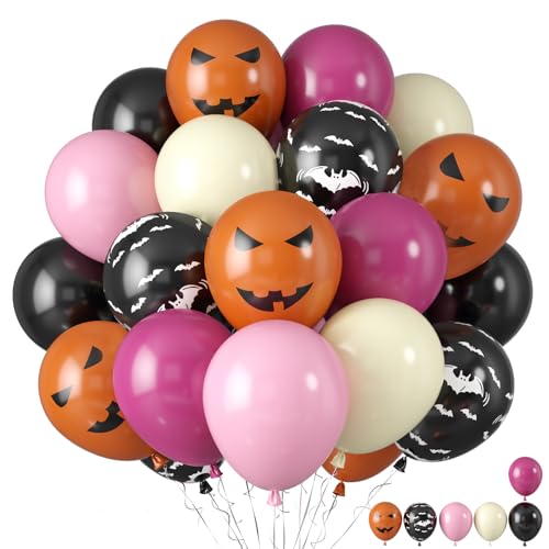 Halloween Party Balloons, Black Hot Pink Orange Balloons, Retro Peach Red Pastel Pink Balloon Black Bat Orange Pumpkin Printed Balloon for Halloween Birthday Baby Shower Home Garden Party Decoration - color: Hot Pink Black Orange