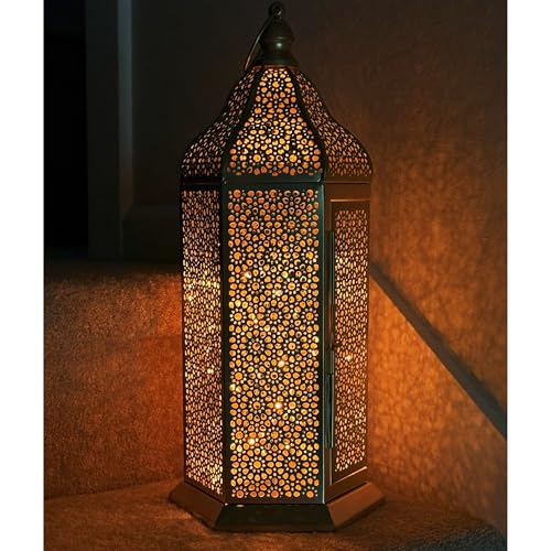 VELA LANTERNS 16" Champagne Gold Moroccan Decorative Candle Lantern – Metal Hexagon Lantern for Table or Hanging, Ramadan Turkish Islamic Decor, Wedding Centerpiece, Indoor Home Patio Lighting