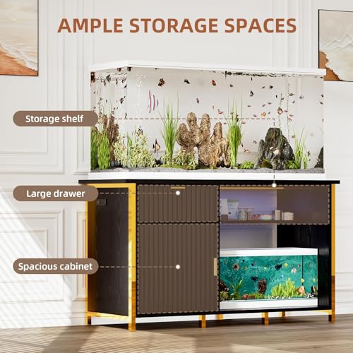 55-75 Gallon Fish Tank Stand with Power Outlets, LED Light, Vertical Lines, Heavy Duty Aquarium Stand with Cabinet for Fish Tank Accessories Storage, Turtle Tank, Reptile Terrarium (Black and Gold) - color: Black and Gold