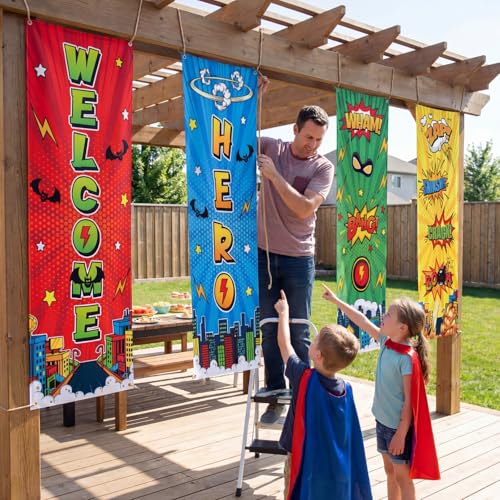 Panelee 4 Pcs Hero Theme Party Banners Hero Party Decorations City Comic Skyline Porch Sign Hanging Door Banner for Cityscape Birthday Backdrop Supplies - style: Hero