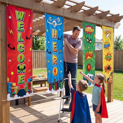Panelee 4 Pcs Hero Theme Party Banners Hero Party Decorations City Comic Skyline Porch Sign Hanging Door Banner for Cityscape Birthday Backdrop Supplies - style: Hero