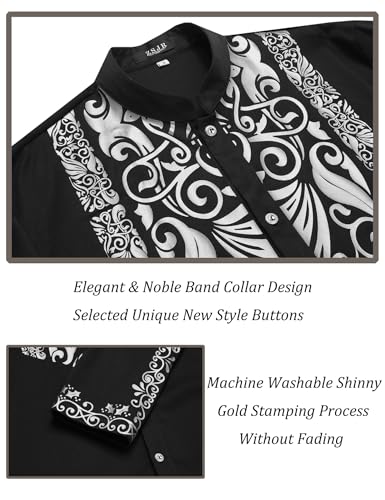 Mens African 2 Piece Sets Dashiki Metallic Traditional Suit Gold Stamp Printed Shirt and Pants Outfit - color: Black Silver, size: Small
