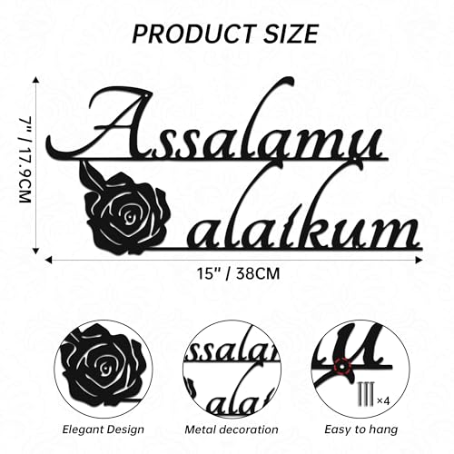 YATEASLU Assalamu Alaikum Sign, Islamic Calligraphy Art | Assalamu Alaikum calligraphy with rose; for living room, mosque; 7x15in; Eid, Ramadan, Muslim gift; Arabic