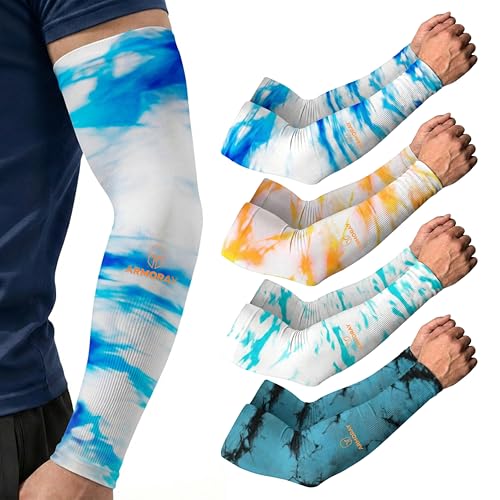 ARMORAY Arm Sleeves for Men and Women - UV Sun Protection Cooling Compression - Tattoo Cover Up Sleeve for Daily Wear & Work - color: Ink Black Teal + Ink Blue + Ink Skyblue + Ink Orange ( 4 Pair)