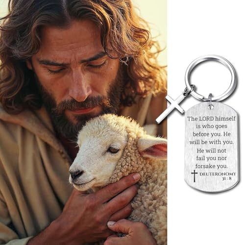 Inspirational Scripture Keychain with Cross - Bible Verse Matte Key Chain Religious Gift for Christian - style: Deuteronomy 31:8
