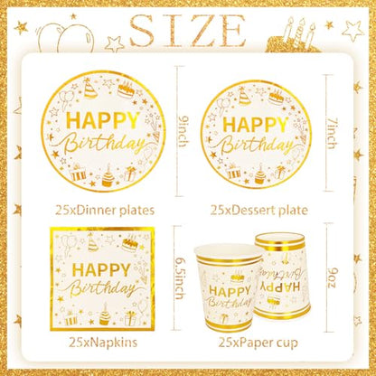 100 Pcs Gold Birthday Plates and Napkins Party Supplies with Golden Happy Birthday Party Dinnerware Set, Gold Birthday Paper Plates, Napkins and Cups for 25 Guests