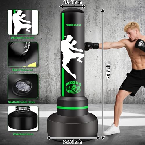 Freestanding Punching Bag with Gloves, 70'' Heavy Boxing Bag with Stand for Adult Teens, Standing Women Men Inflatable Kickboxing Bags for Beginners Training MMA Muay Thai Fitness - style: Kick Printing