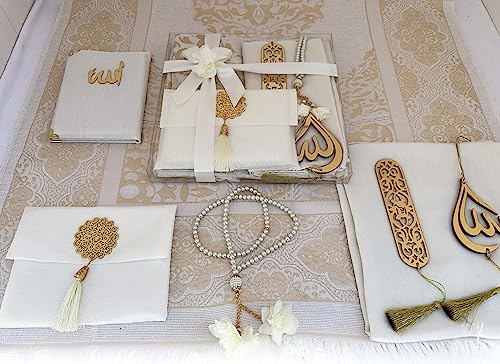 SAIKA Muslim Prayer Rug, 7 in One Gift Set, Prayer Mat Surah Book, Tasbeeh, Scarf, Surah Case, Bookmark, Car Mirror Hanger, Prayer Beads,Islamic Gift for Umrah, Hajj, Wedding, Janamaz (Cream) - color: Cream