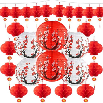 26 Pcs Hibachi Party Decorations Contains 6 Japanese Lanterns with Cherry Blossom Patterns, 20 Chinese Red Lanterns for Chinese New Year Home Restaurant Hibachi Party Japanese Restaurant