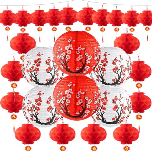 26 Pcs Hibachi Party Decorations Contains 6 Japanese Lanterns with Cherry Blossom Patterns, 20 Chinese Red Lanterns for Chinese New Year Home Restaurant Hibachi Party Japanese Restaurant