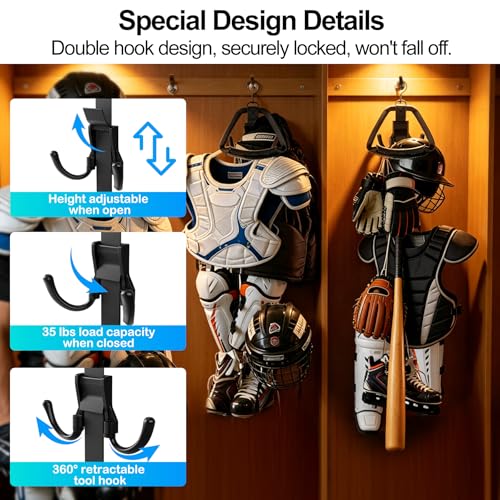 Hockey Equipment Drying Rack | 5 Adjustable Hooks, Space-Saving Wall-Mounted Equipment for Skates, Gloves, Pads, Helmet, Jersey