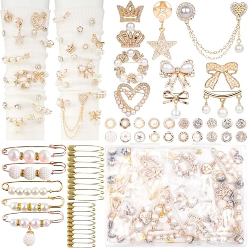OJKIUH 55Pcs Junk Socks Charms Kit, Gold Brooches and Pins for Women, Pearl and Rhinestone Sock Charms with Safety Pins, DIY Accessories for Decorating and Personalizing Socks