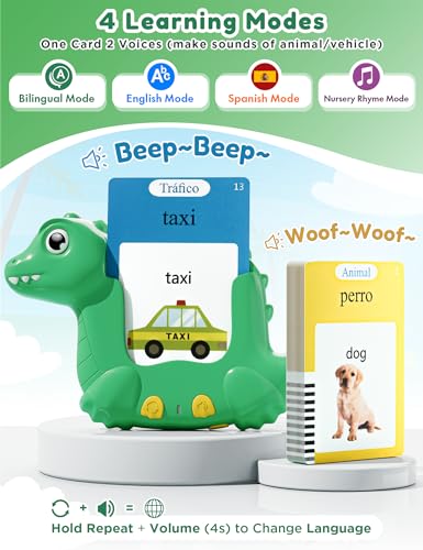 Spanish and English Talking Flash Cards for Toddlers with 510 Sight Words, Dinosaur Shaped Bilingual Buddy Pocket Speech Therapy Autism Toys, Educational Learning Toys Gift for Kid Boys Girls - size: 510-Spanish&English