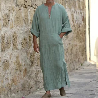 Muslim Robe Kaftan for Men Long Sleeve Solid V Neck Shirts Linen Kaftan Muslim Long Gown Side Split Ethnic Thobe Robe - color: Green, size: 4X-Large