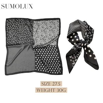 Sumolux Head Hair Scarf for Women Like Satin Silk Scarf Bandana Hair Wrapping Night Large Square Scarves 27.5" - color: Black Polka Dot Cashew Nuts