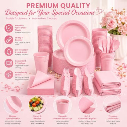 Tinybee 352 Pcs Pink Plastic Plates, Disposable Dinnerware Set for 50 - color: Pink