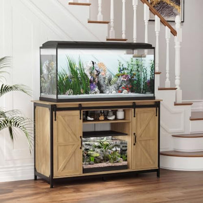 VOWNER Farmhouse 55-75 Gallon Fish Tank Stand with Power Outlet, Natural | Aquarium Stand with Storage Cabinet and Sliding Barn Door, Heavy Duty Reptile Tank Stand, for 2 Tanks, 1000LBS Capacity - color: Natural