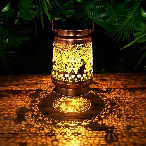 Rabbit Solar Lanterns Outdoor Waterproof - Metal Garden Decor for Outside, Hanging Bunny Lights for Patio Yard Porch Lawn, Animal Figurine Gift for Women Mom Grandma - color: Rabbit