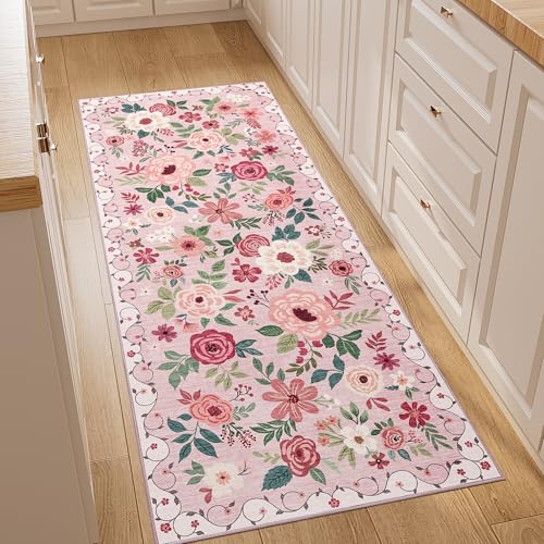 DUKINO 2x5 Runner Rug, Floral Washable Rug for Kitchen Non Slip, Pink - color: Pink, size: 2' x 5' (Rectangular)