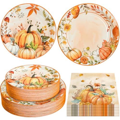 180 Pcs Fall Paper Plates and Napkins Party Supplies Serves 60 - style: Pumpkin