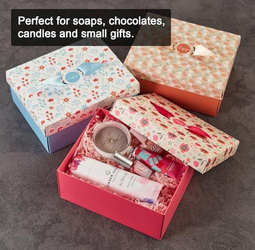 Floral Gift Boxes with Lids & Ribbons (20 Pack) 8" x 6.3" x 3.5" Decorative Printed Treat Boxes for Gift Giving, Soaps, Chocolate, Small Presents, Christmas, Birthdays, Bridesmaid, Diwali, Bulk, Empty