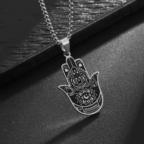 Classic Stainless Steel Devil's Eye Hand of Fatima Pendant Necklace for Men and Women Fashion Exorcism Amulet Jewelry Gift - color: silvery