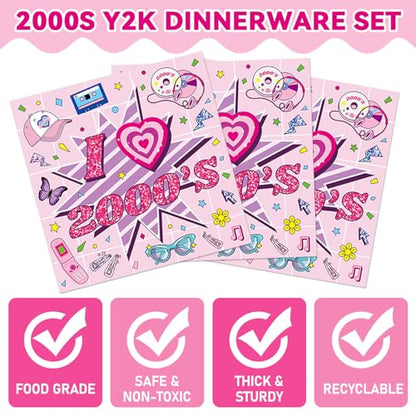 Qyeahkj 100Pcs 2000s Y2K Pink Decorations Party Supplies 90s Plates Napkins Disposable 1990s Tableware Dinnerware Birthday for 90's Kids Bachelorette Favor - style: Pink Y2K