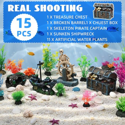 Kathfly 15 Pcs Large Resin Fish Tank Decorations, Aquarium Decor, Pirate Shipwreck, Treasure Chest, Broken Barrel, Pirate Captain Skeleton & Artificial Plants (Popular Style) - style: Classic