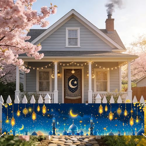 Nuxovilar Ramadan Mubarak Crescent Lantern Blue Banner Polyester 17.72×78.74inches - Ramadan banner for Yard, Garden, Outdoor Decor - color: CU01314