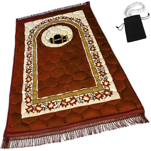 Prayer Rug Muslim Prayer Mat Islamic - Very Thick Prayer Rug Sajadah for Men Women with Islam Prayer Beads for Eid Travel Ramadan, Soft and Luxury (Orange) - color: Orange