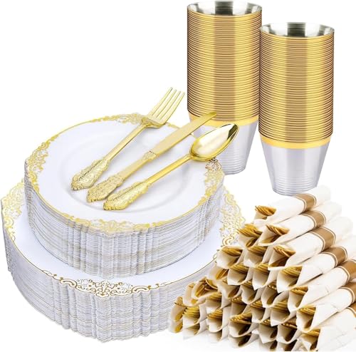 Realluck 350 Piece White and Gold Dinnerware Set for 50 Guests - color: White
