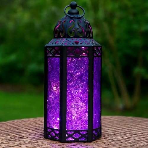 Vela Lanterns Purple Decor Candle Lantern Holder with LED Fairy Lights, M | Halloween Spooky Witch & Vampire Decor, Gothic Whimsigoth Home, Fantasy Flameless Moroccan Metal Hanging Lamp, 10.5" Tall - color: Black/Purple, size: Medium