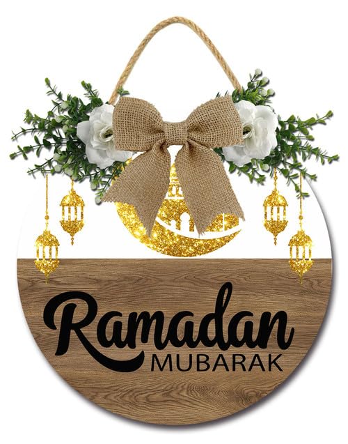 Ramadan Mubarak Door Sign Moon and Stars Wooden Hanging Signs Ramadan Kareem Hollow Ornament Decorations 11inch Round Wood Wreaths Wall Hanger for Islamic Muslim Home Decor - color: LW5, size: 11x11inch