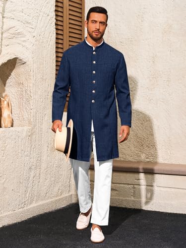 Runcati Mens Kurta Coats Indian Mandarin Collar Attire Ethnic Outfits Wedding Festive Party Clothing Casual Kaftan Robe - color: Navy, size: XX-Large