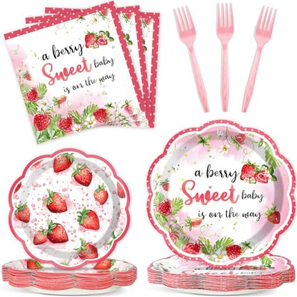 Qyeahkj 100 Pcs Strawberry Baby Shower Party Plates Napkins Forks Supplies Set Sweet Berry Tableware Party Supplies A Berry Sweet Baby Is On The Way Strawberry Dinnerware Decorations Favors Serve 25 - style: Strawberry Theme Baby Shower