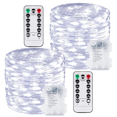 2 Pack 100 LED Fairy Lights Battery Operated with Remote, 8 Modes String Lights Indoor Outdoor, Cuttable Battery Light for Home Bedroom Wedding DIY Centerpiece Christmas Decorations (Cool White) - color: Cool White, size: 2PK（100LED with Remote）