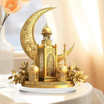 EUBUY Ramadan Decorations Acrylic Mubarak Sign Centerpiece, Golden Crescent Moon Mosque Acrylic Desktop Decoration for Muslims Home Bedroom Decor