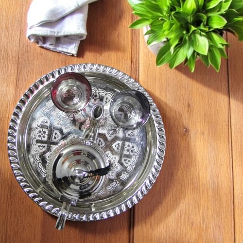 Moroccan Tea Tray Serving Cocktail Silver Handmade Fez Small Or Large Round (9/11/13/15 Inches) (9 Inches) - size: 9"