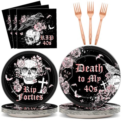 Qyeahkj 100 Pcs 50th Birthday Party Supplies Death to My 40s Paper Plates and Napkins Set Black Rose Gold Rip to My 40s Disposable Tableware Decorations for Women Forties Funeral Youth Serve 25 Guests - style: 50th Birthday