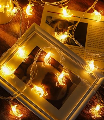 Moon Star String Lights, WFGGEH 20ft 40 LED USB Powered Star and Moon Fairy Lights Warm White for Birthday Party Christmas Holiday Home Decoration