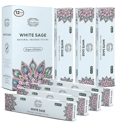 Raajsee White Sage Incense Sticks (180 gm), 100% Pure Organic Natural Hand Rolled Free from Chemicals - Perfect for Aromatherapy, Cleansing, Meditation, and Church (Pack of 12) - color: White Sage