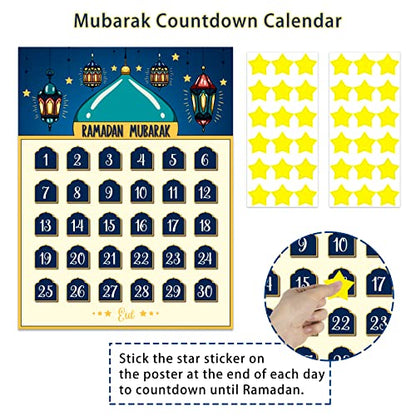 FLYAB Ramadan Calendar 2025 Eid Mubarak Countdown for Kids 30 Days Advent Poster Decorations Home Wall with 36 Star Stickers and 1PCS Small Card