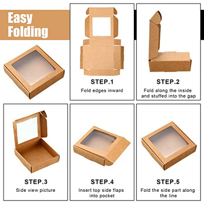 Zonon 30 Pcs Kraft Paper Boxes with Window 4.13 x 4.13 x 1.18 Inch Candy Packaging, Small Gift Boxes, Soap holder, Mini Treat Packaging for Bakery Chocolate Jewelry Display (Brown) - color: Brown