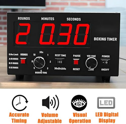 Professional Gym Timer Boxing Interval Timer, Boxing Round Timer with Adjustable Buzzer Alarm, for Muay Thai, Kickboxing, 30S-10min Training and 0/30/60S Rest Time Green