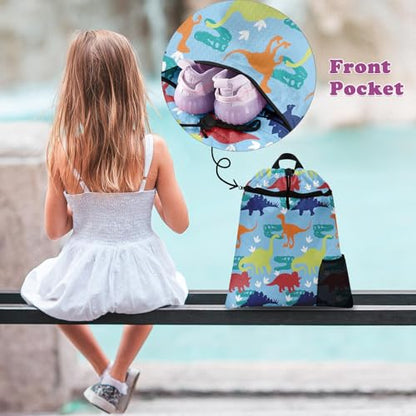 Dinosaur Drawstring Backpack, 15” x 17” Waterproof Swim Bag for Beach Swimming Pool, Lightweight Foldable Gym Bag with Water Bottle Holder for Sports Travel - color: Blue Cartoon Dinosaurs