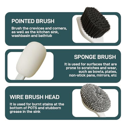Dish Brush Set of 4 with Holder.Interchangeable Heads Kitchen Scrub Brush,Dishwashing Brush Set with Extended Handle,for Cleaning Pots,Pans,Bottles,Cups,Sinks,scrubbers for Dishes.Green