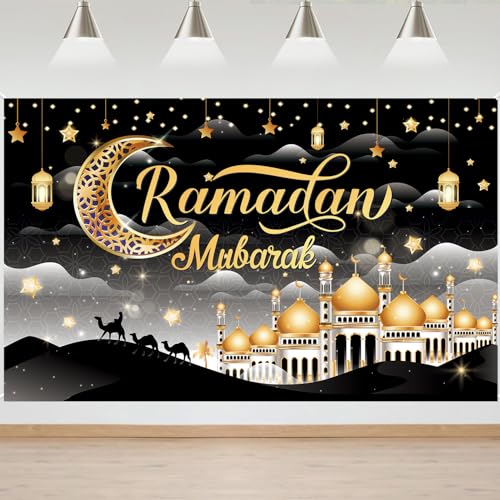 Ramadan Mubarak Decorations Large Size Ramadan Kareem Backdrop Banner Eid Mubarak Sign Backdrop Background for Muslim Party Supplies, 71 x 43Inch (Black) - color: Black