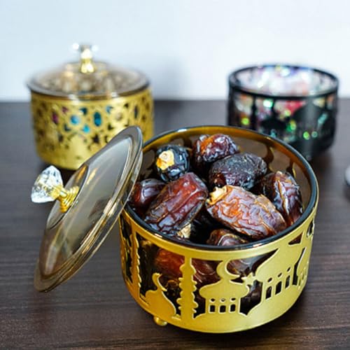 Ciieeo Ramadan Serving Trays 2pcs Round Candy Dish with Lid Metal Eid Mubarak Snack Tray Sugar Storage Bowl Islam Plate Muslim Party Table Decor Golden