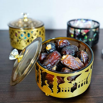 Ciieeo Ramadan Serving Trays 2pcs Round Candy Dish with Lid Metal Eid Mubarak Snack Tray Sugar Storage Bowl Islam Plate Muslim Party Table Decor Golden